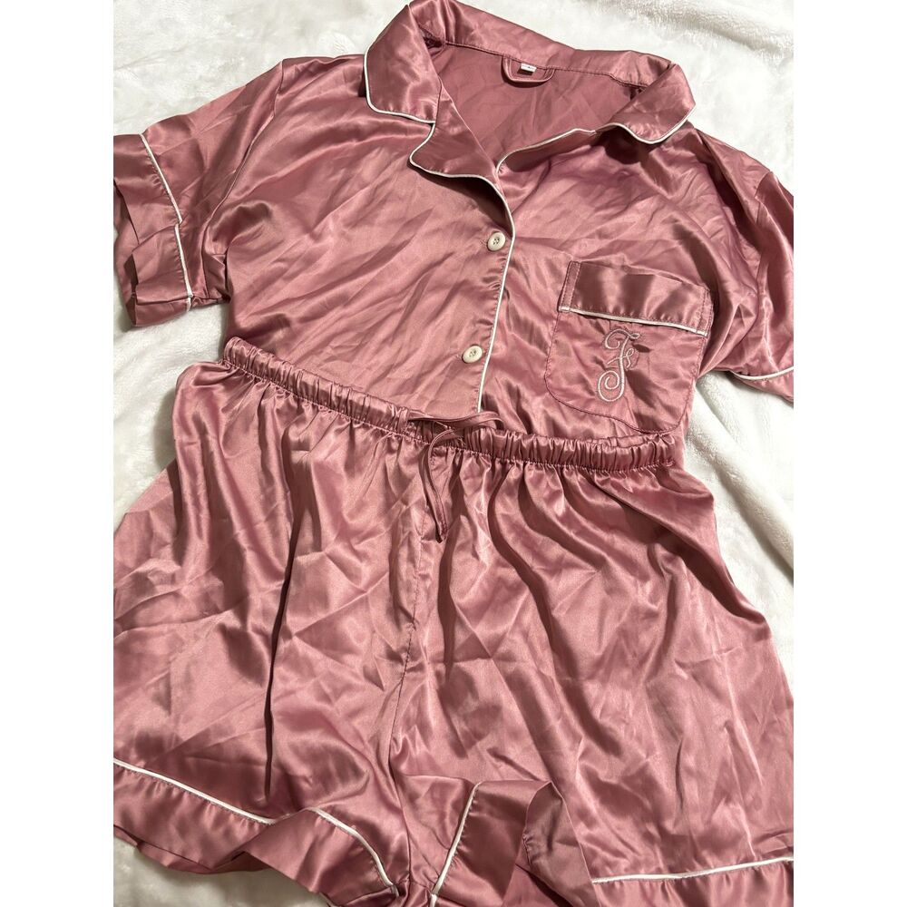 Pink‎ Satin Pajama Set Embroidered F Pocket L Sleepwear Glinda